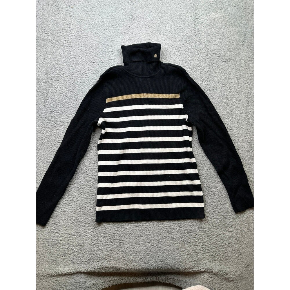 RALPH LAUREN Black White Gold Striped Cotton Logo Ribbed Turtleneck Sweater M